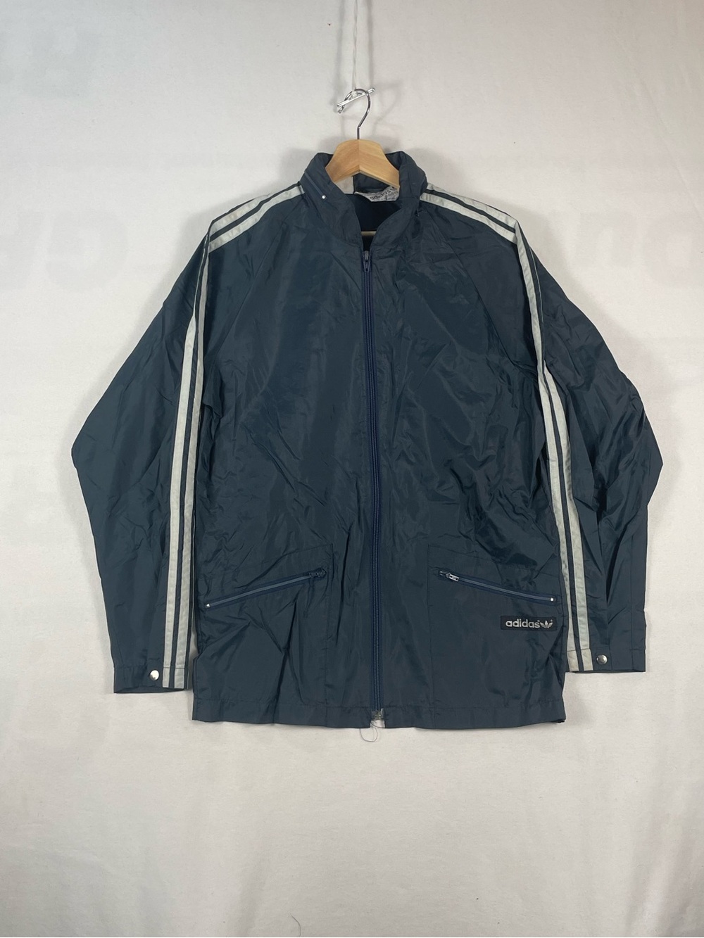 Vintage 80s ADIDAS Full Zip Nylon Shell Light Jacket Windbreaker Navy mens Sz S